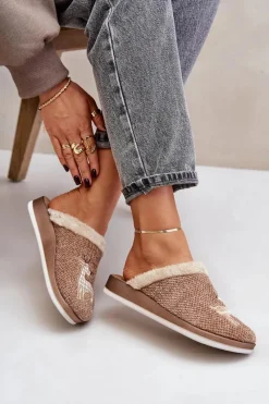 Hot INBLU Kapcie Damskie Z Reniferem I Futerkiem CT000034 Beżowe Beżowy