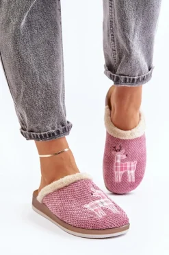 Kapcie Klasyczne|Klapki Damskie Klasyczne>INBLU Kapcie Damskie Z Reniferem I Futerkiem CT000034 Różowe Różowy