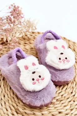 Outlet Kapcie Dziecięce Futrzane Króliczek Fioletowe Dicera Dzieci Dziewczęce