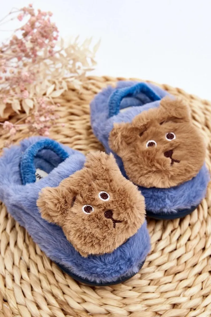 Kapcie Dziecięce Futrzane Z Misiem Niebieskie Dicera Dzieci Dziewczęce