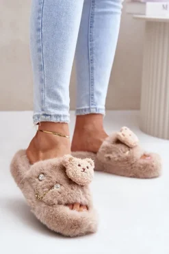 Boto Kapcie Futrzane Damskie Z Misiem I Ozdobnymi Elementami Beżowe Innalise