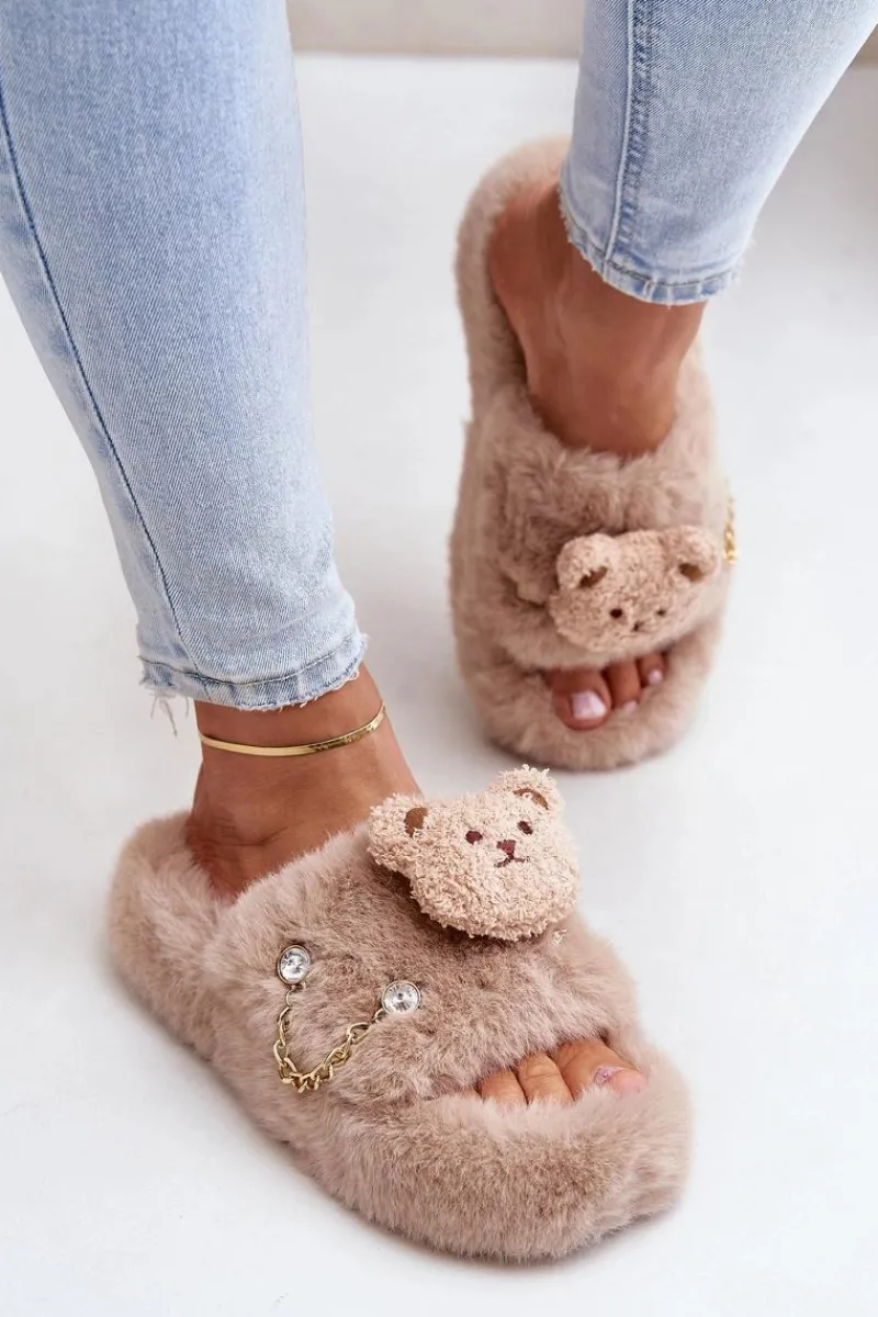 Boto Kapcie Futrzane Damskie Z Misiem I Ozdobnymi Elementami Beżowe Innalise