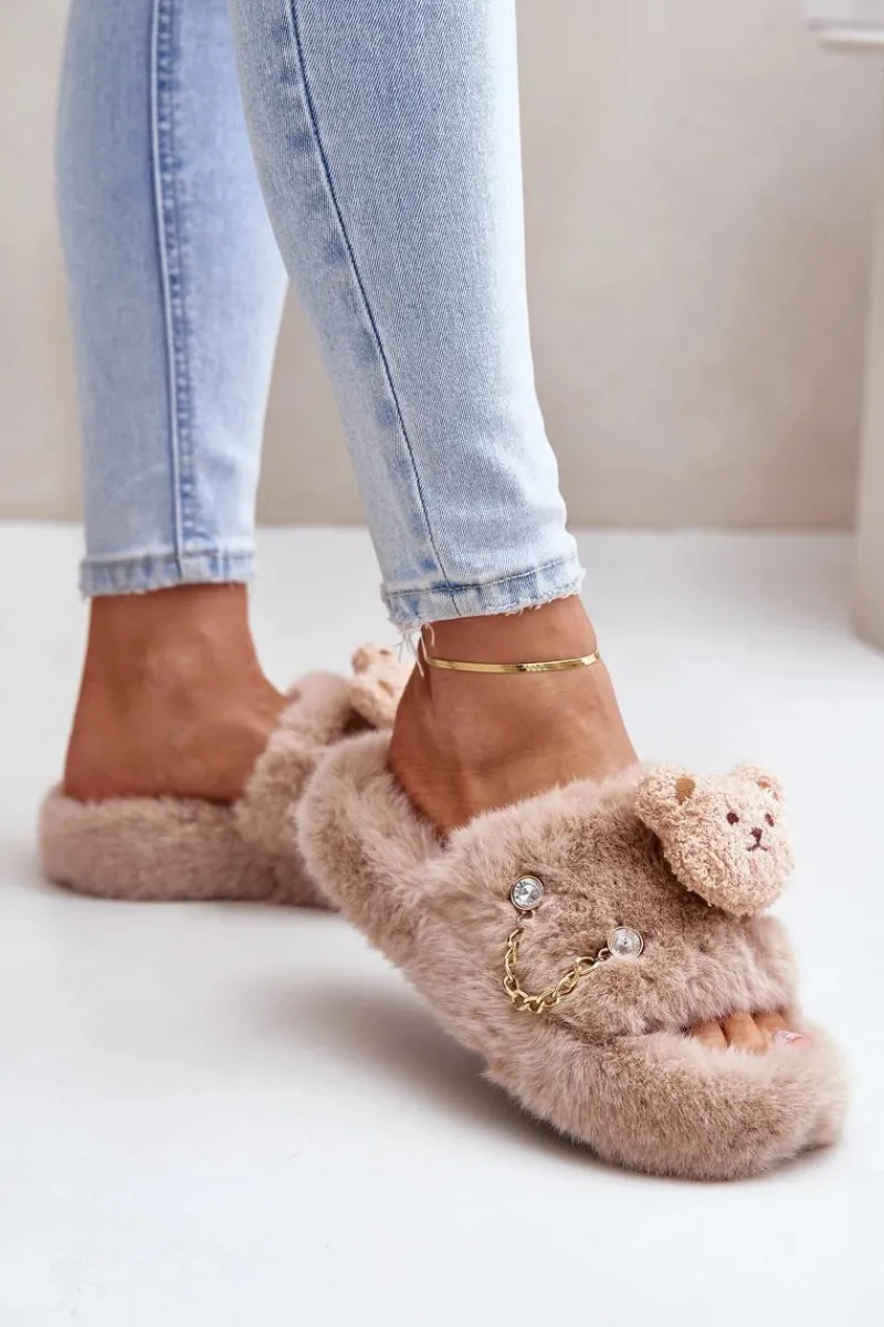 Boto Kapcie Futrzane Damskie Z Misiem I Ozdobnymi Elementami Beżowe Innalise