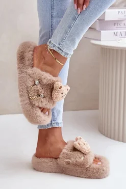 Boto Kapcie Futrzane Damskie Z Misiem I Ozdobnymi Elementami Beżowe Innalise