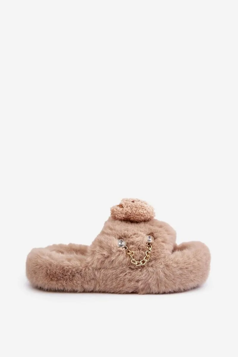 Boto Kapcie Futrzane Damskie Z Misiem I Ozdobnymi Elementami Beżowe Innalise