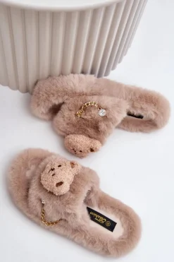 Boto Kapcie Futrzane Damskie Z Misiem I Ozdobnymi Elementami Beżowe Innalise