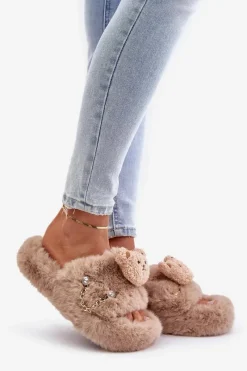 Boto Kapcie Futrzane Damskie Z Misiem I Ozdobnymi Elementami Beżowe Innalise