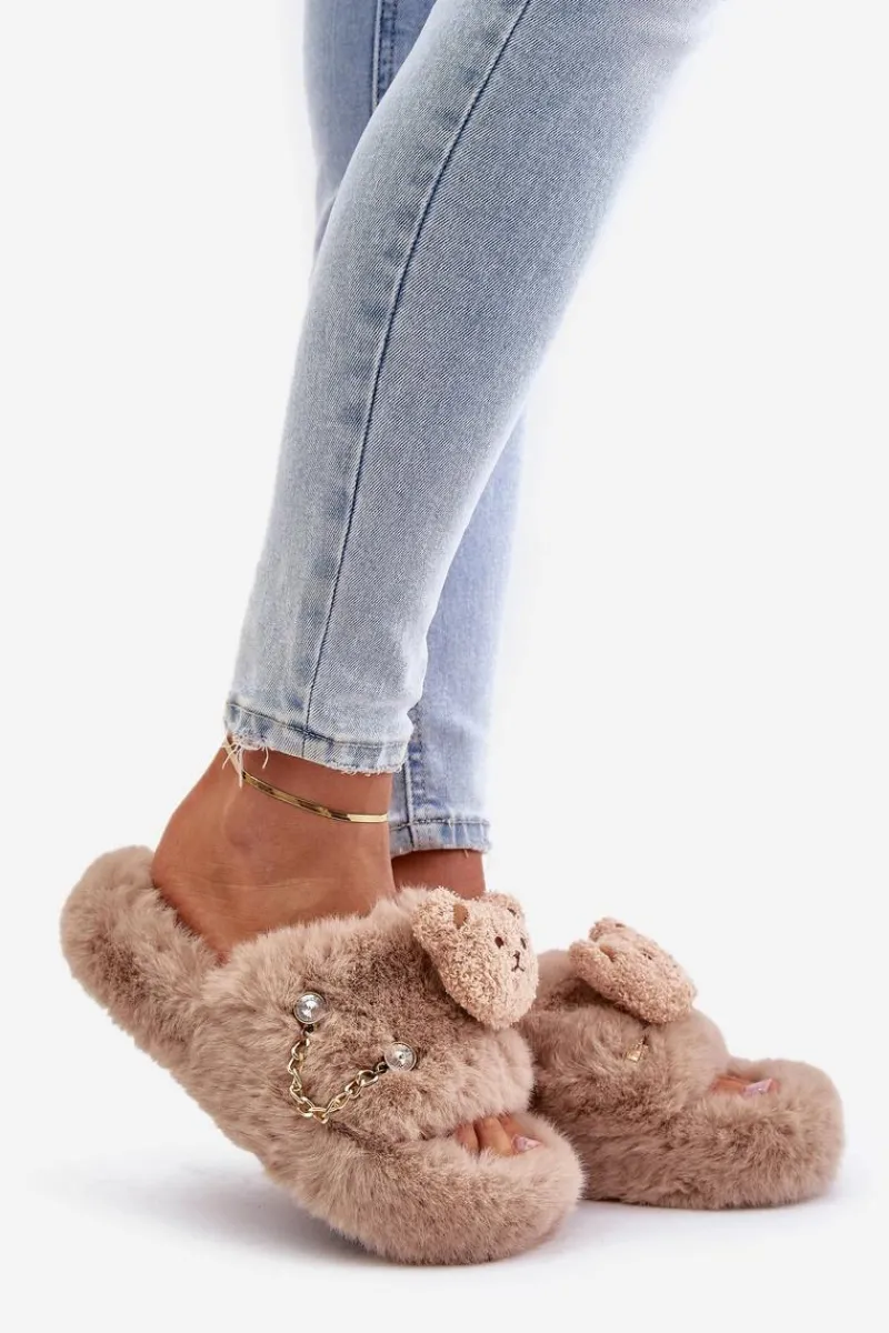 Boto Kapcie Futrzane Damskie Z Misiem I Ozdobnymi Elementami Beżowe Innalise