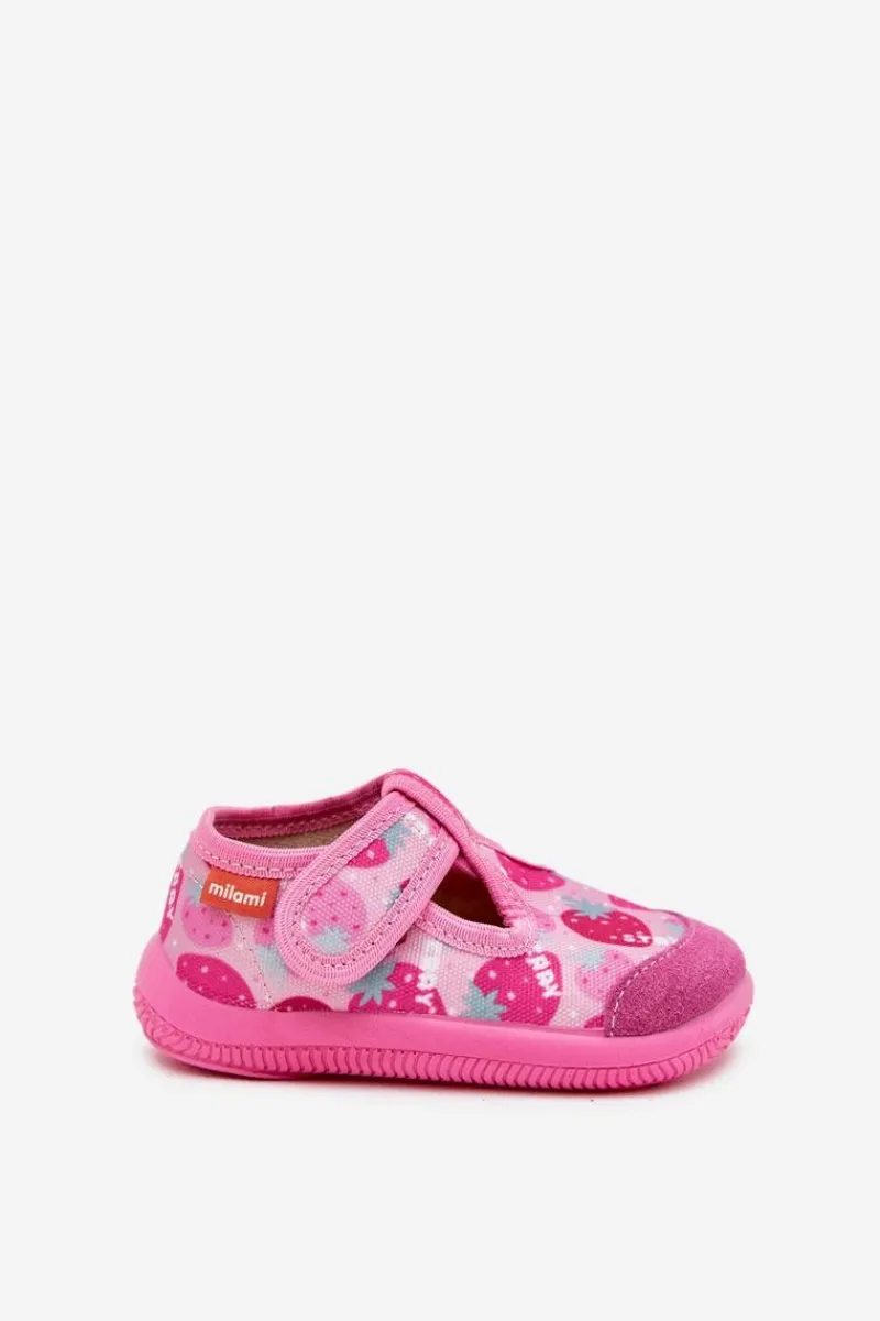 New Milami Kapcie Dziecięce Elastyczne Na Rzepy W Truskawki Różowe Ambette
