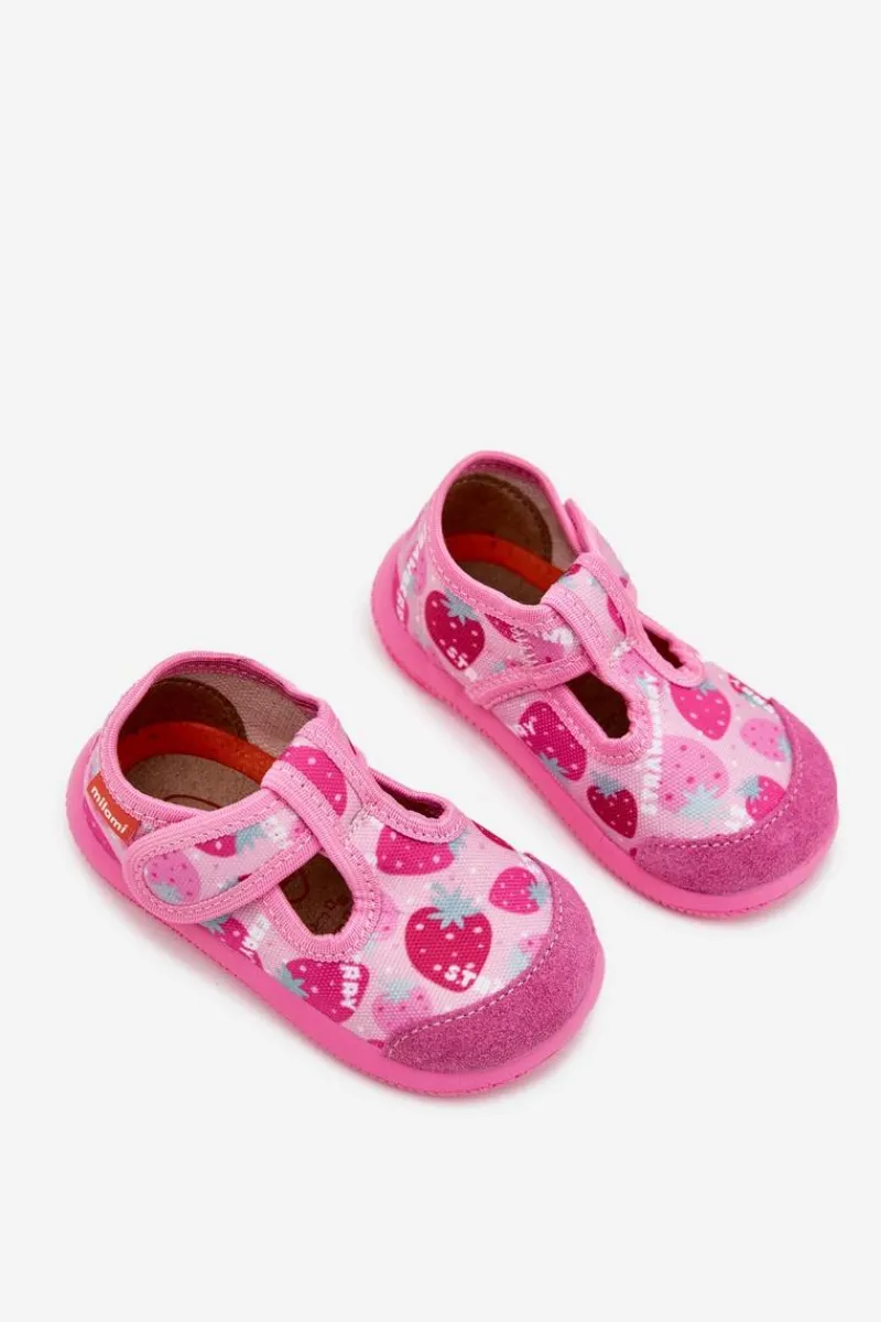 New Milami Kapcie Dziecięce Elastyczne Na Rzepy W Truskawki Różowe Ambette