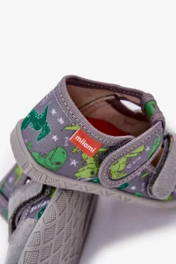 Dziewczęce|Back To School></noscript>Milami Kapcie Dziecięce Na Rzepy W Dinozaury Szaro-Zielone Reathiana Szary