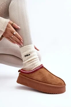 Śniegowce Damskie|Kapcie Klasyczne></noscript>Boto Kapcie Na Grubej Podeszwie Z Eko Zamszu Brązowe Sylva