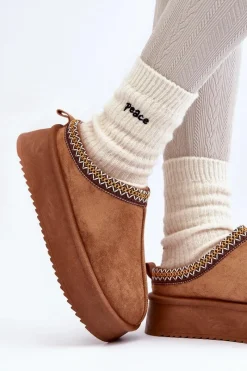 Kapcie Na Grubej Podeszwie Z Eko Zamszu Camel Sylva Damskie Śniegowce Damskie|Kapcie Klasyczne