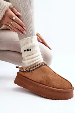 Kapcie Na Grubej Podeszwie Z Eko Zamszu Camel Sylva Damskie Śniegowce Damskie|Kapcie Klasyczne