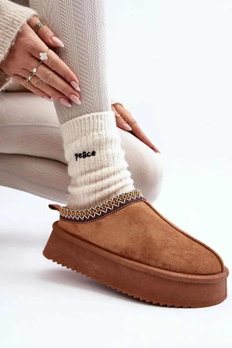 Kapcie Na Grubej Podeszwie Z Eko Zamszu Camel Sylva Damskie Śniegowce Damskie|Kapcie Klasyczne