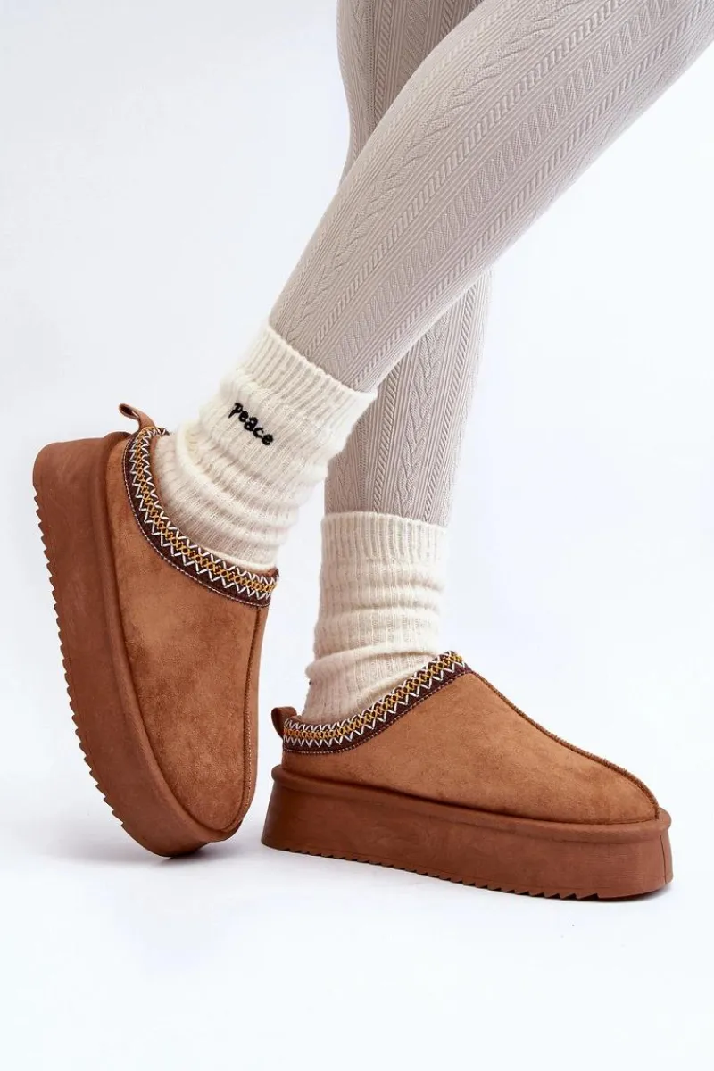 Kapcie Na Grubej Podeszwie Z Eko Zamszu Camel Sylva Damskie Śniegowce Damskie|Kapcie Klasyczne