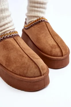 Kapcie Na Grubej Podeszwie Z Eko Zamszu Camel Sylva Damskie Śniegowce Damskie|Kapcie Klasyczne