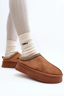 Kapcie Na Grubej Podeszwie Z Eko Zamszu Camel Sylva Damskie Śniegowce Damskie|Kapcie Klasyczne