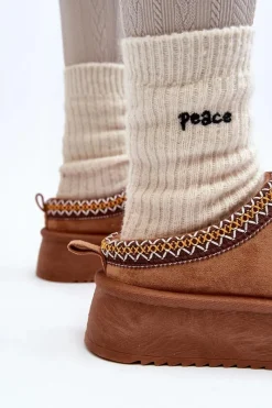 Kapcie Na Grubej Podeszwie Z Eko Zamszu Camel Sylva Damskie Śniegowce Damskie|Kapcie Klasyczne