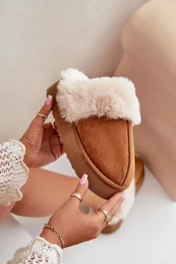 Discount Boto Kapcie Śniegowce Damskie Na Grubej Podeszwie Z Futerkiem Camel Doriola Brązowy