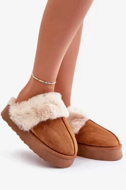 Discount Boto Kapcie Śniegowce Damskie Na Grubej Podeszwie Z Futerkiem Camel Doriola Brązowy
