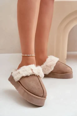 Discount Kapcie Śniegowce Damskie Na Grubej Podeszwie Z Futerkiem Ciemnobeżowe Doriola Damskie Śniegowce Damskie|Kapcie Klasyczne