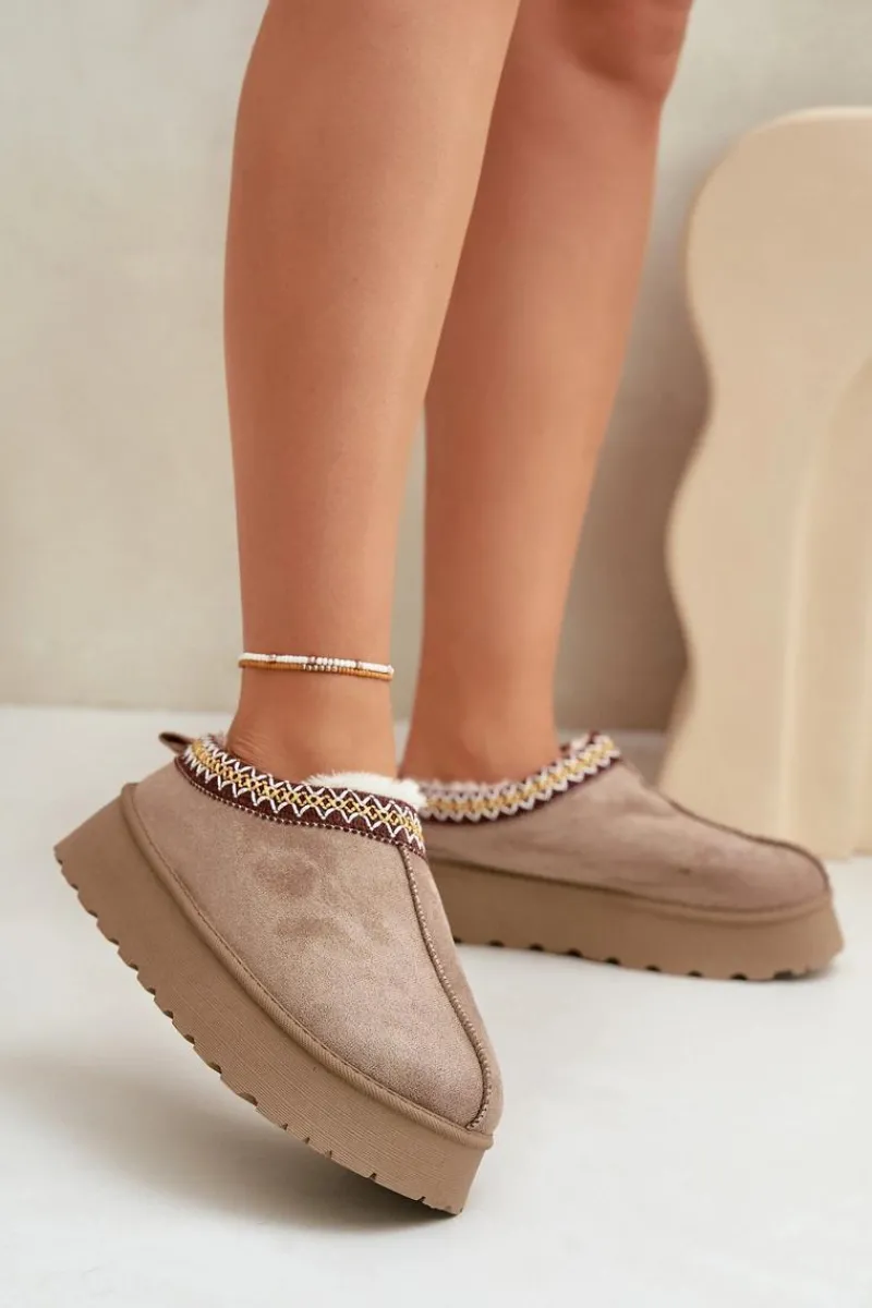 Best Kapcie Śniegowce Na Platformie Z Haftem Ciemnobeżowe Tamilda Damskie Śniegowce Damskie|Kapcie Klasyczne