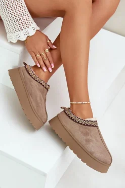 Best Kapcie Śniegowce Na Platformie Z Haftem Ciemnobeżowe Tamilda Damskie Śniegowce Damskie|Kapcie Klasyczne