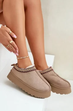 Best Kapcie Śniegowce Na Platformie Z Haftem Ciemnobeżowe Tamilda Damskie Śniegowce Damskie|Kapcie Klasyczne