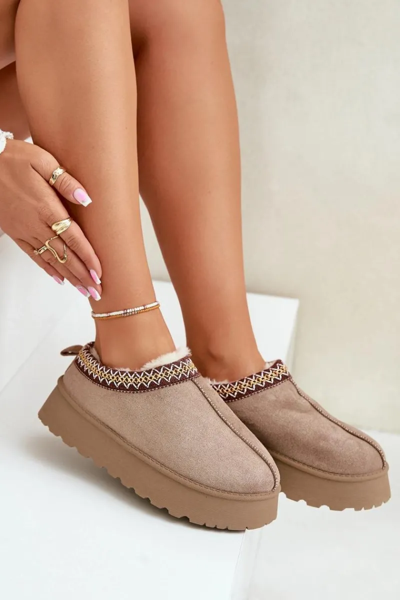 Best Kapcie Śniegowce Na Platformie Z Haftem Ciemnobeżowe Tamilda Damskie Śniegowce Damskie|Kapcie Klasyczne