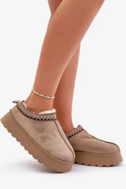 Best Kapcie Śniegowce Na Platformie Z Haftem Ciemnobeżowe Tamilda Damskie Śniegowce Damskie|Kapcie Klasyczne