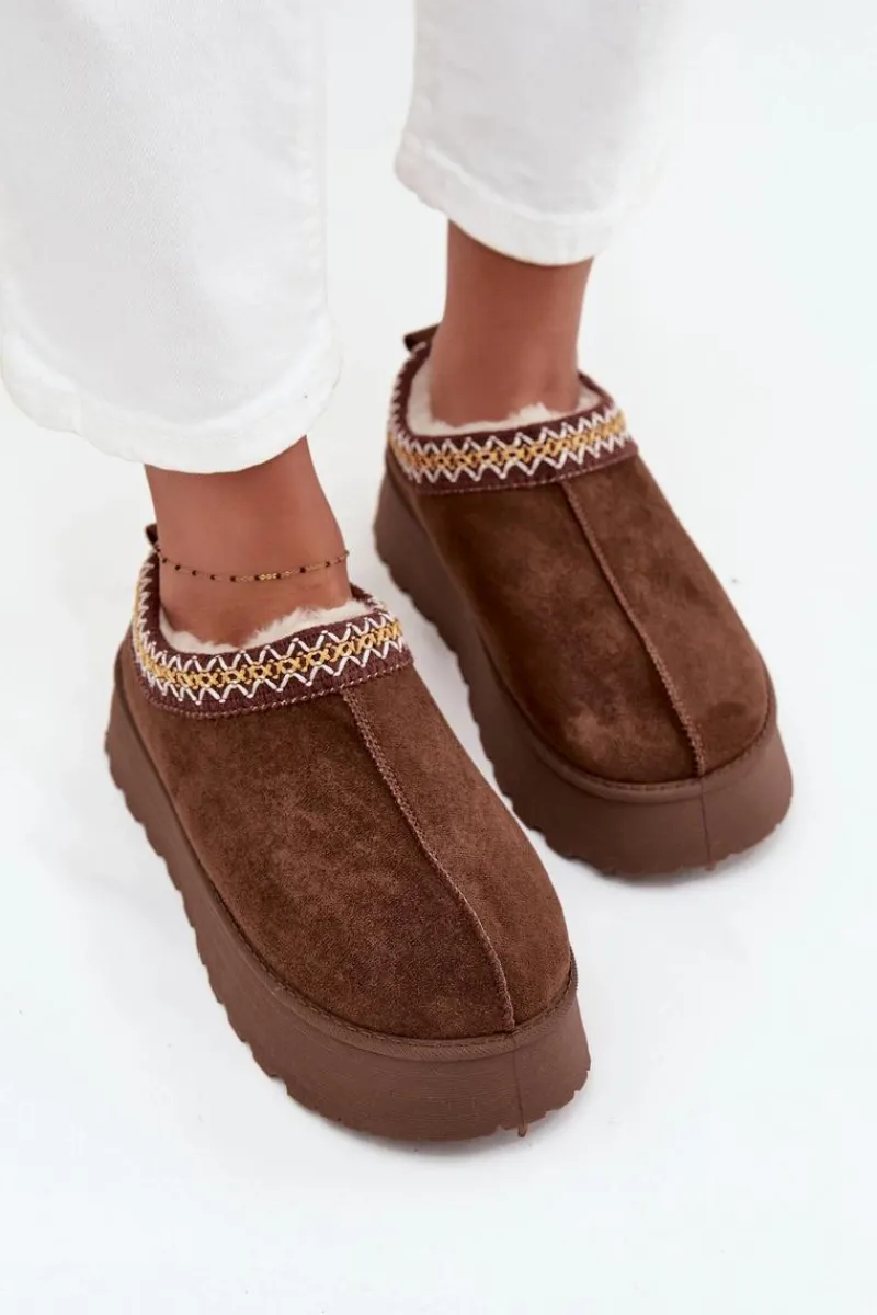 Discount Boto Kapcie Śniegowce Na Platformie Z Haftem Brązowe Tamilda