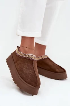 Discount Boto Kapcie Śniegowce Na Platformie Z Haftem Brązowe Tamilda