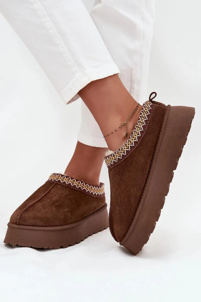 Discount Boto Kapcie Śniegowce Na Platformie Z Haftem Brązowe Tamilda