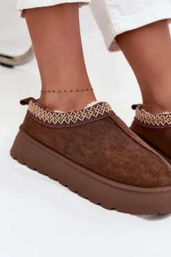 Discount Boto Kapcie Śniegowce Na Platformie Z Haftem Brązowe Tamilda