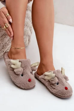 Discount Boto Kapcie Świąteczne Z Motywem Renifera Futrzane Ciemnobeżowe Asielle Beżowy