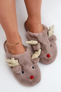 Discount Boto Kapcie Świąteczne Z Motywem Renifera Futrzane Ciemnobeżowe Asielle Beżowy