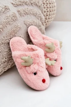 Hot Kapcie Świąteczne Z Motywem Renifera Futrzane Różowe Asielle Damskie Kapcie Klasyczne
