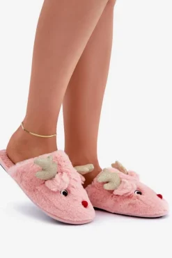 Hot Kapcie Świąteczne Z Motywem Renifera Futrzane Różowe Asielle Damskie Kapcie Klasyczne