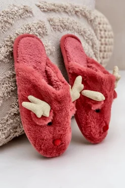 Outlet Boto Kapcie Świąteczne Z Motywem Renifera Futrzane Koralowe Asielle Czerwony