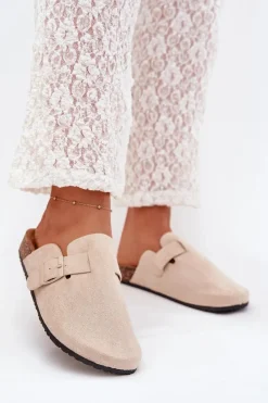 Klapki Chodaki Damskie i Na Korkowej Platformie Z Klamrą Jasnobeżowe Klarae Damskie Klapki Korkowe|Klapki Na Platformie