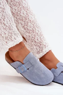 New Boto Klapki Chodaki Damskie i Na Korkowej Platformie Z Klamrą Niebieskie Klarae