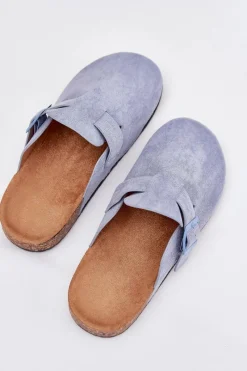 New Boto Klapki Chodaki Damskie i Na Korkowej Platformie Z Klamrą Niebieskie Klarae