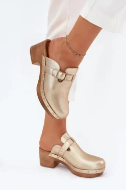 Best Klapki Chodaki Damskie Na Obcasie Z Klamrą Złote Veldexina Damskie Klapki Na Obcasie|Klapki Damskie Klasyczne