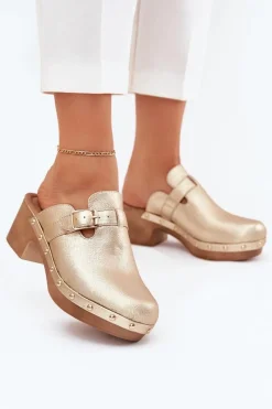Best Klapki Chodaki Damskie Na Obcasie Z Klamrą Złote Veldexina Damskie Klapki Na Obcasie|Klapki Damskie Klasyczne