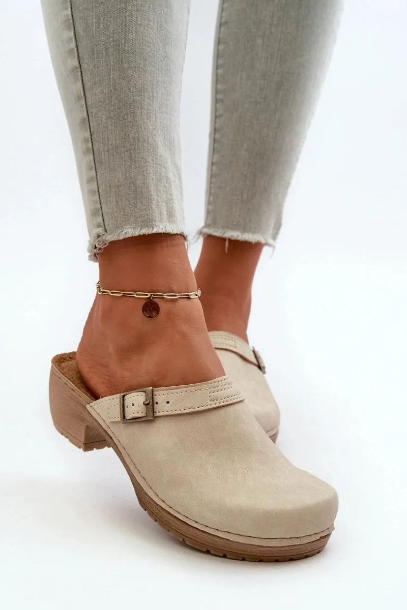 New Klapki Chodaki Damskie Na Niskim Obcasie BL000004 Beżowe Damskie Klapki Na Obcasie|Klapki Damskie Klasyczne