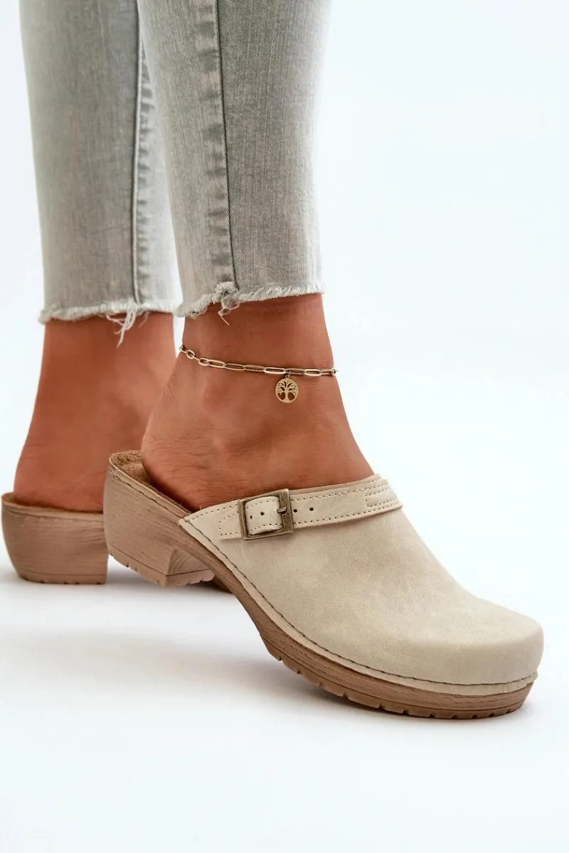 New Klapki Chodaki Damskie Na Niskim Obcasie BL000004 Beżowe Damskie Klapki Na Obcasie|Klapki Damskie Klasyczne