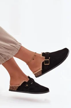 Sale Boto Klapki Chodaki Damskie Ocieplane Futerkiem Z Klamrą Czarne Sylisse Czarny