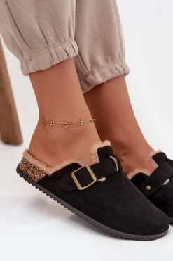 Sale Boto Klapki Chodaki Damskie Ocieplane Futerkiem Z Klamrą Czarne Sylisse Czarny