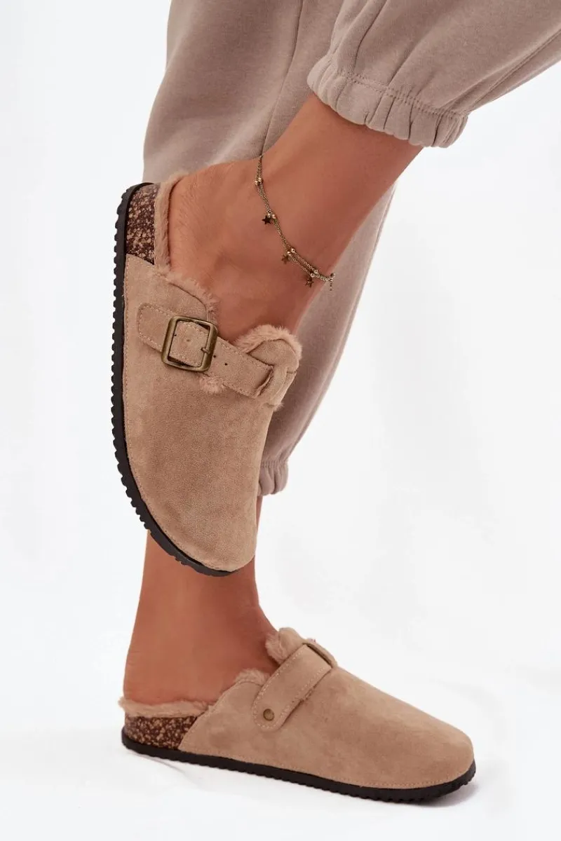 Hot Klapki Chodaki Damskie Ocieplane Futerkiem Z Klamrą Beżowe Sylisse Damskie Klapki Korkowe|Klapki Na Platformie